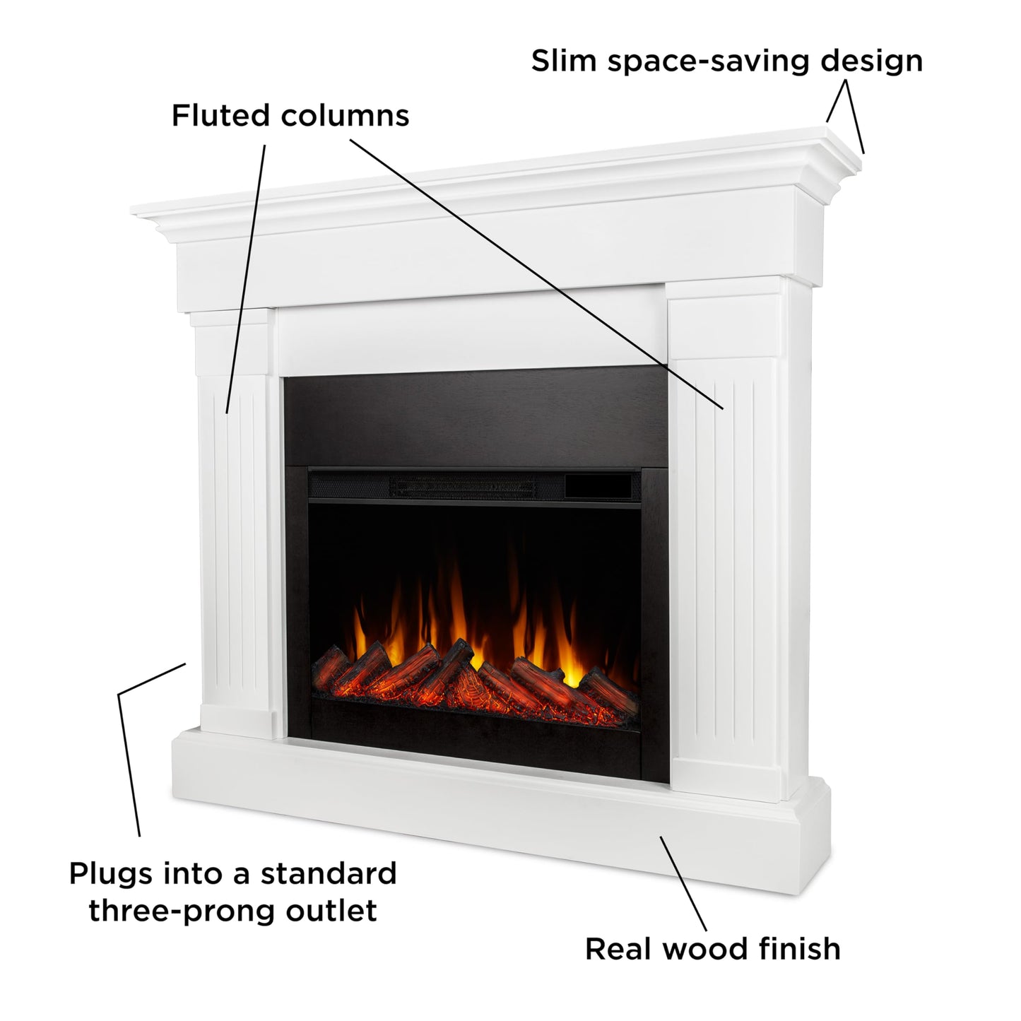 Real Flame Crawford Slim 48" Indoor Electric Fireplace with Mantel for Living Room or Bedroom, Replaceable Fireplace Insert Heater, Realistic Log and Flame Effect, Remote Control, Timer, White