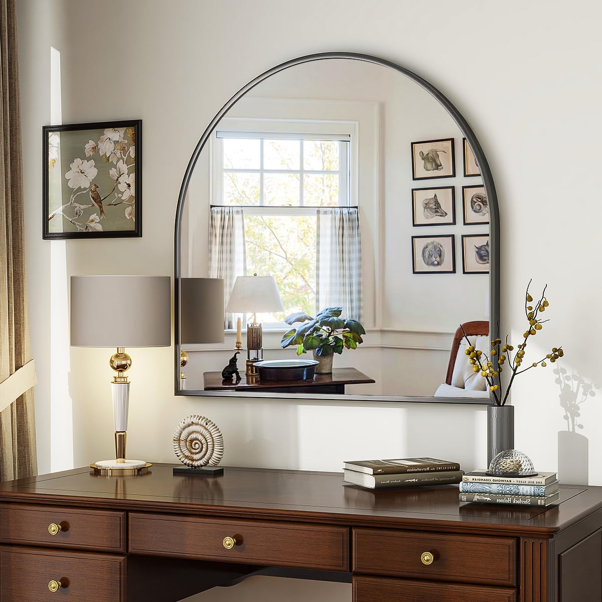 VooBang Arched Wall Mirror, 31 x 32 inch Arch Bathroom Mirror, Wall Mounted Vanity Mirror with Arch Metal Frame, Modern Bathroom Vanity Mirror for Bedroom, Living Room, Hanging or Leaning, Black VooBang