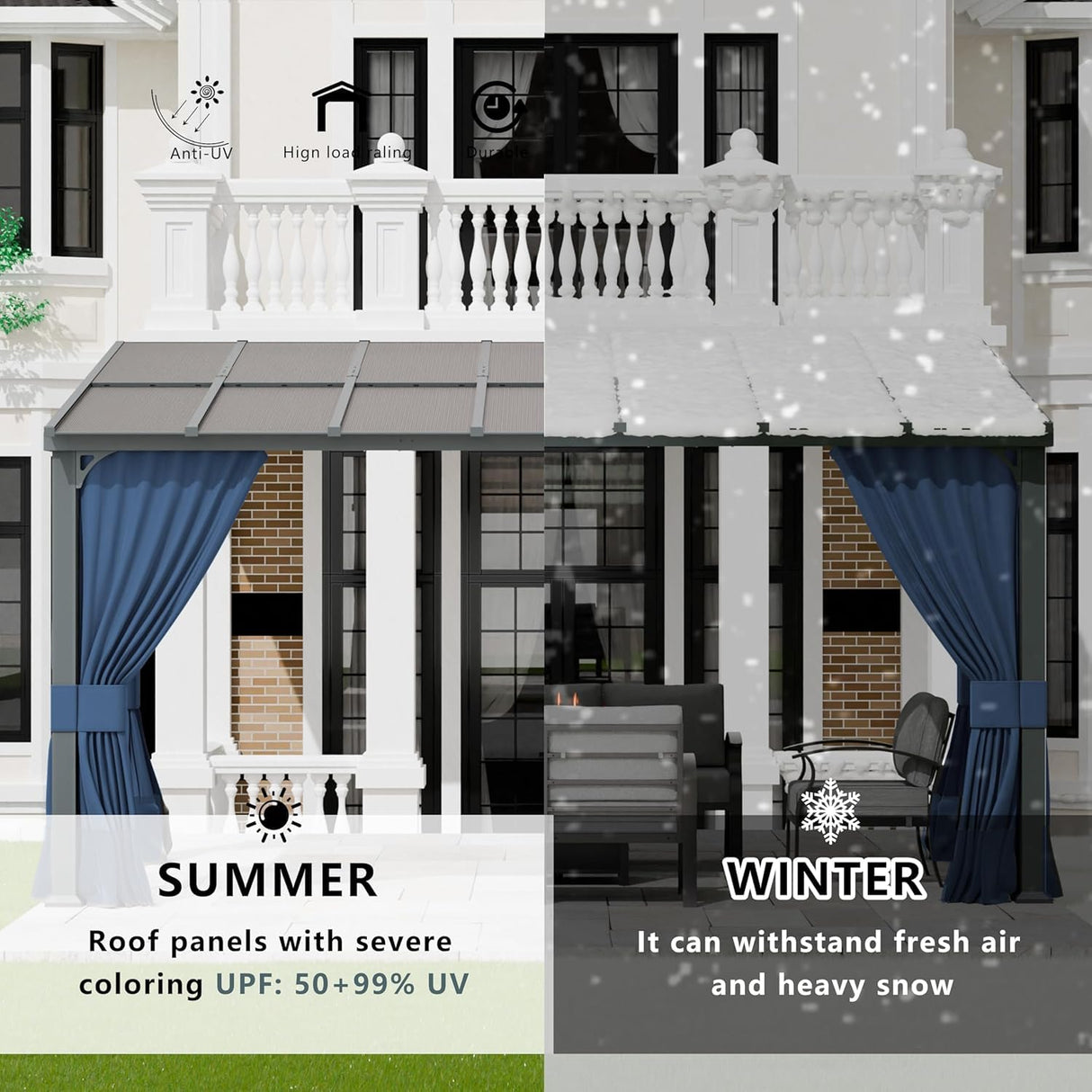 10x14FT Gazebo, Hardtop Wall Mounted Gazebo with Sloping Sun Panel Roof, Awnings for Patio with Metal Frame, Double Curtains for Garden, Lawn, Backyard Deck, Sand ASJMR