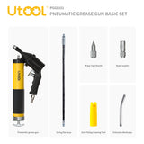 UTOOL Pneumatic Grease Gun, 6000 PSI Air Operated Grease Gun Kit, 14 oz Load, 18 Inch Resin Flex Hose, 1 Extension Bend Pipe, 1 Sharp Type Nozzle, 1 Basic Coupler, 1 Zerk Cleaner UTOOL