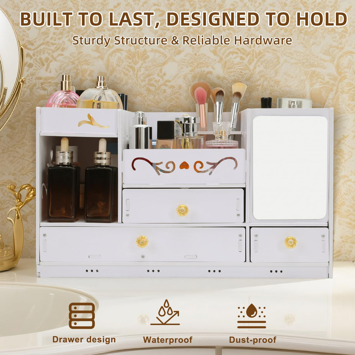 Wtufaelk Wooden Makeup Organizer for Vanity - Large White Countertop Organizer with Mirror, 3 Drawers & Brush Holder | Cosmetic & Skincare Storage Desk Organizer for Dorm, Bathroom Wtufaelk