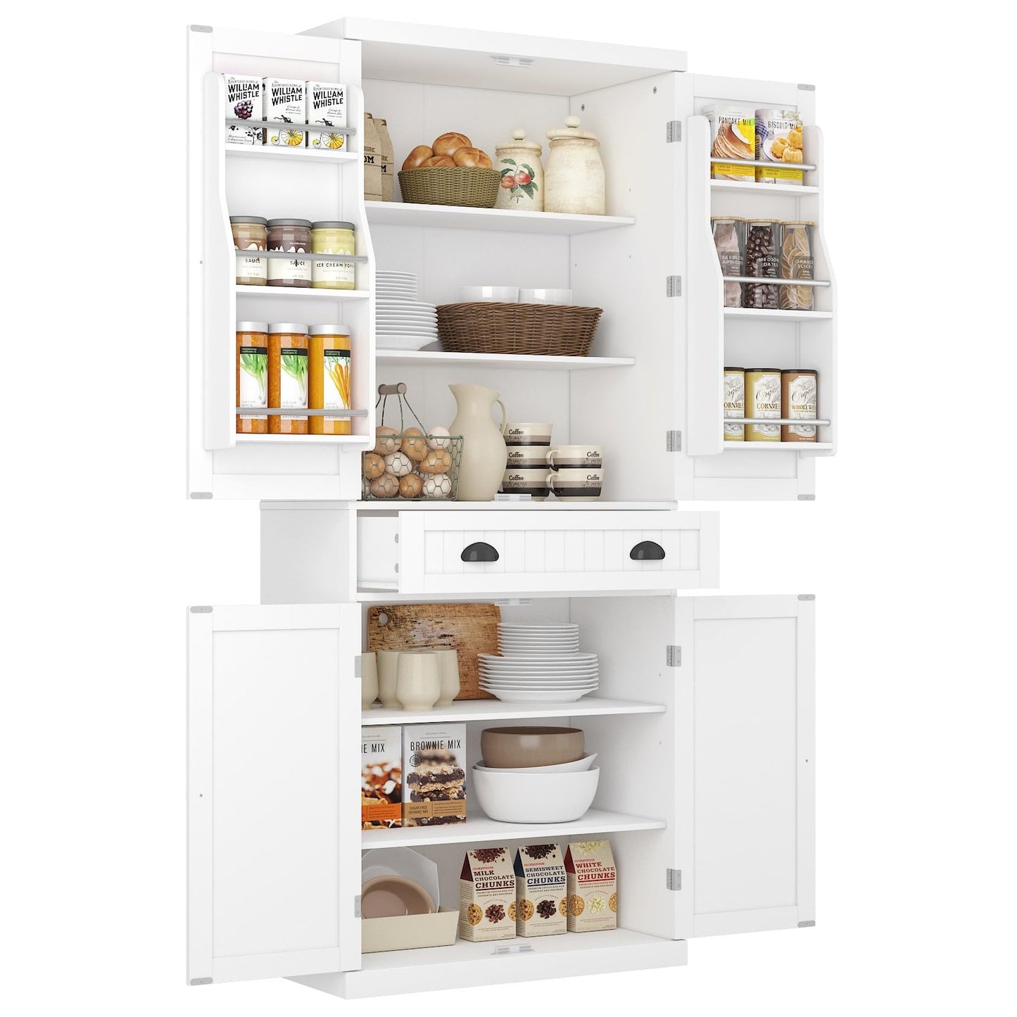 Function Home Pantry Cabinet, 72 Inch Tall Kitchen Storage Cabinet, Freestanding Cupboard with Adjustable Shelves, 1 Drawer and 6 Door Storage Shelves for Kitchen Dinging Living Room, White - WoodArtSupply