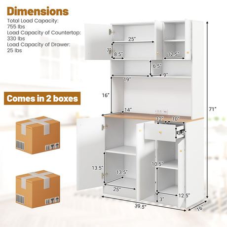 LOKO 71” Tall Kitchen Hutch Storage Cabinet, Freestanding Buffet Cupboard with Outlets & USB Ports, 3-Position Adjustable Shelves, Modern Pantry Cabinet with Microwave Stand for Dining Room, White LOKO
