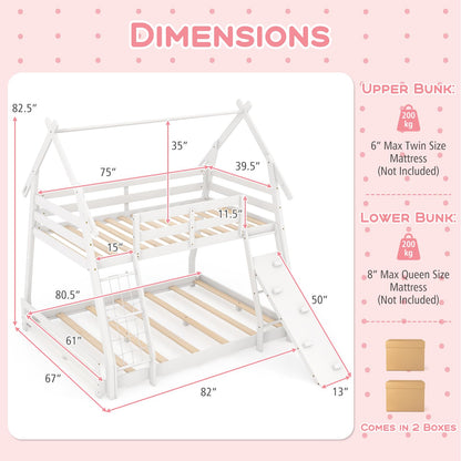 Costzon House-Shaped Twin Over Queen Bunk Bed with Climbing Nets and Ramp - White Wooden Kids Bed - WoodArtSupply