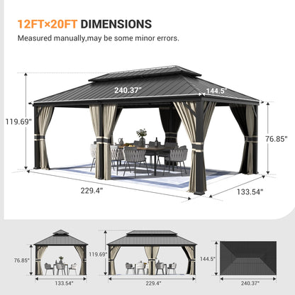 Amopatio 12' X 20' Hardtop Gazebo, Aluminum Metal Gazebo with Galvanized Steel Double Roof, Heavy Duty Permanent Outdoor Large Gazebos with Curtain and Netting for Patio Deck Backyard, Khaki - WoodArtSupply