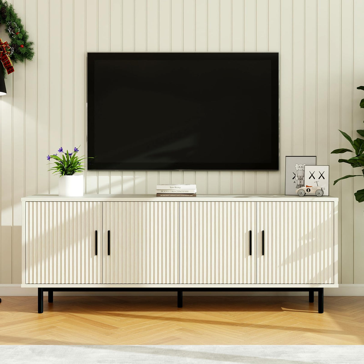 MUUEGM 70" Fluted tv Stand with Storage for Living Room, Entertainment Center Modern TV Stand for TV Up to 80 Inch, Television Media Console Table with Fluted Door and Adjustable Shelf, White MUUEGM