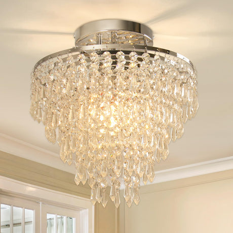 FRIXCHUR 11.8" Crystal Chandelier Chrome Flush Mount Ceiling Light 5 Tiers Raindrops Silver Chandeliers for Bedroom Hallway Living Room,E26 Base FRIXCHUR