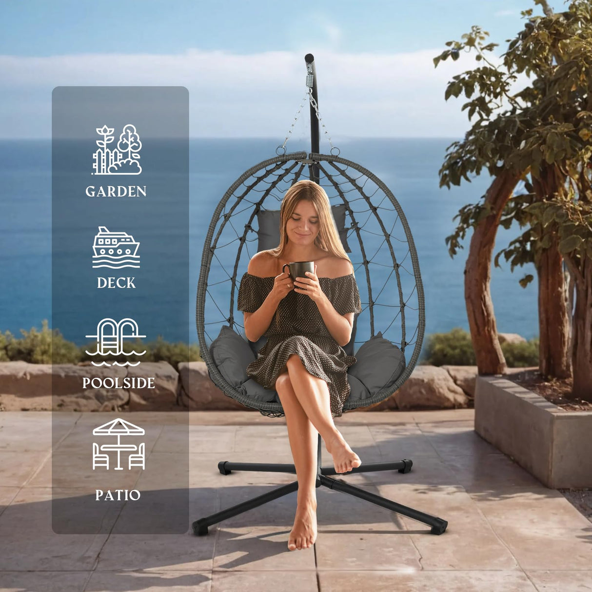 Egg Chair Indoor Outdoor, Foldable Hanging Egg Chair with Stand, Patio Swing Egg Chairs, UV Resistant Removable &Washable Thicken Padded Cushions, 350LBS Capacity for Bedroom, Balcony, Dark Gray HiDSLiving