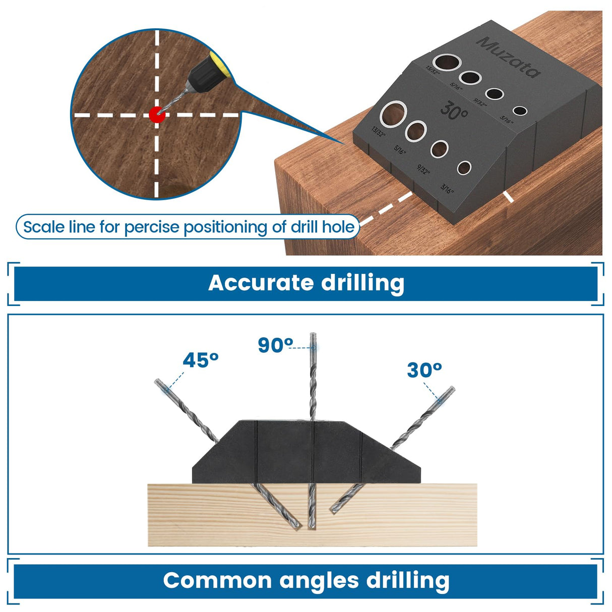 Muzata Upgraded Multi Angle Drill Guide Fit 30 45 90 Degree Cable Railing Kit Stair Visible Template Jig 4 Sizes Guide Track for Straight and Angle Hole Wood Post CT24 CT1 Muzata