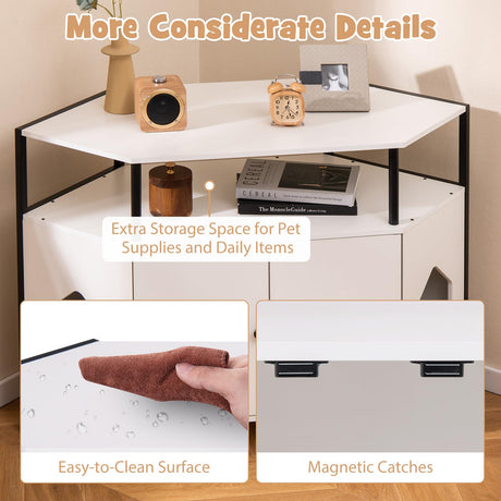 Tangkula Corner Litter Box Enclosure, Double Enclosed Litter Box Furniture with Open Shelf, 2 Entrances, Hidden Cat Washroom, Large Cat Box Cabinet for Indoor Cats (White) Tangkula