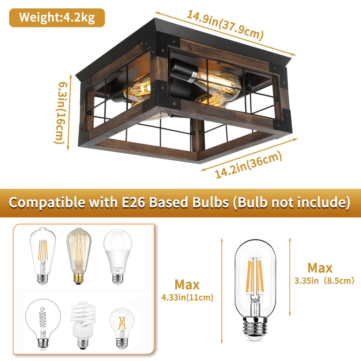 Farmhouse Flush Mount Ceiling Light, 4-Lights Rustic Wood Square Ceiling Light Fixture Kitchen Light Fixture, Farmhouse Light Fixtures for Dining Room Kitchen Livingroom Bedroom Porch JWLUYN