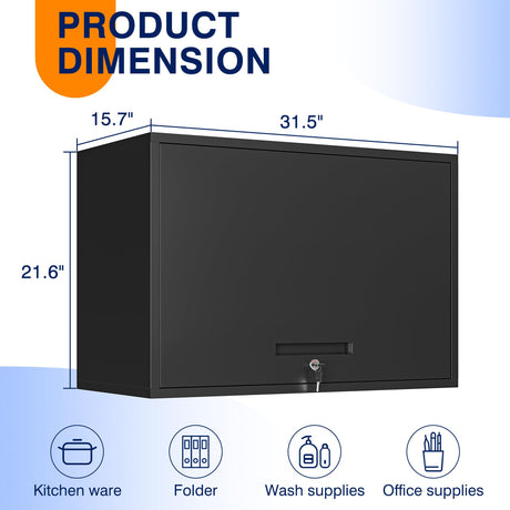 Yizosh Metal Garage Wall Cabinet with Doors and Shelves, Wall Mounted Metal Storage Cabinet, Floating Garage Tool Cabinet for Garage, Basement, Kitchen, Warehouse (Black, 21.6" H) Yizosh