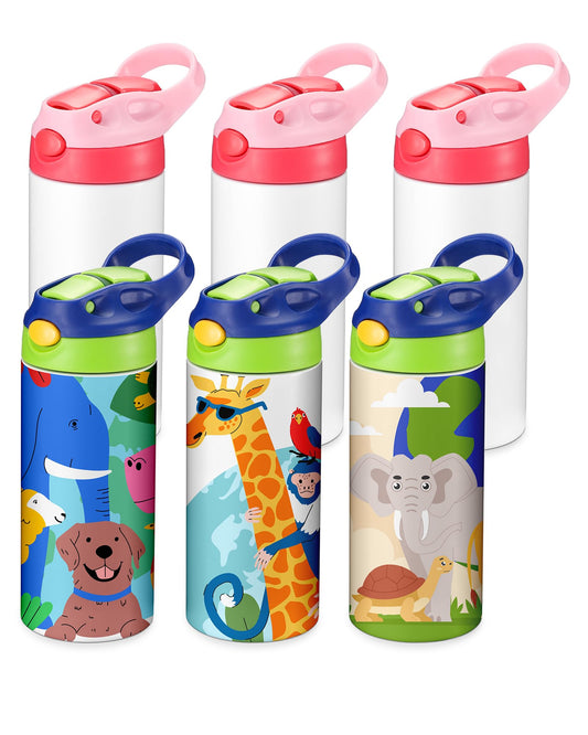 OFFNOVA 16oz Kids Sublimation Water Bottle Blank Bulk, Kids Sublimation Tumbler Cups for Boys Girls to School Sports Travel Camping (6 Pack)