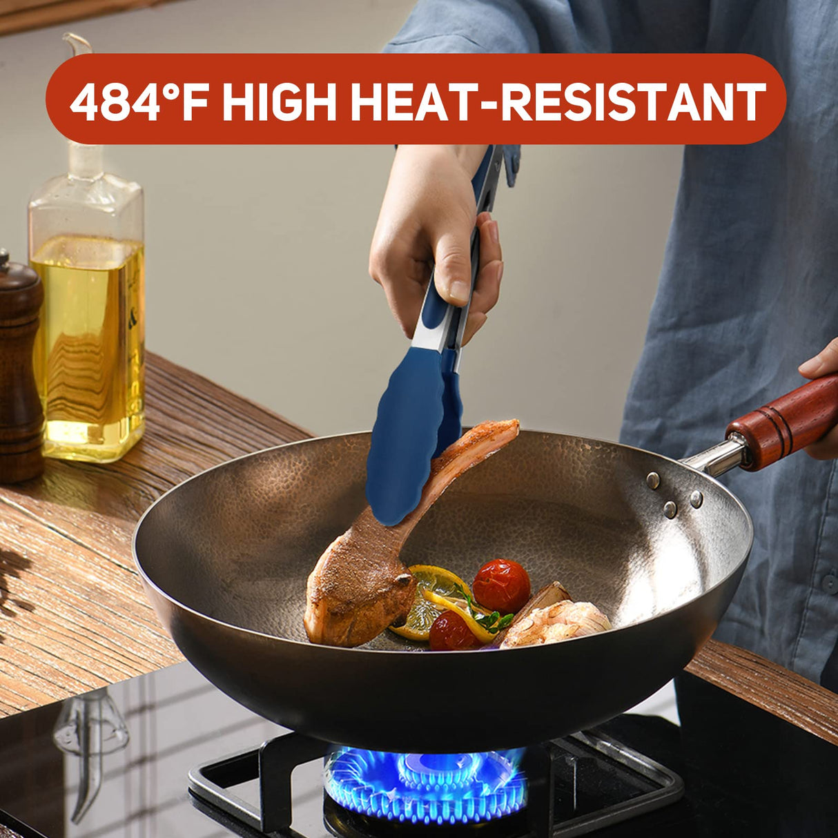 EEKEDO Kitchen Tongs, Stainless Steel Silicone Tongs for Cooking 600ºF High Heat-Resistant BBQ Grilling Locking Tongs, Set of 2-9" and 12" Classic Blue EEKEDO