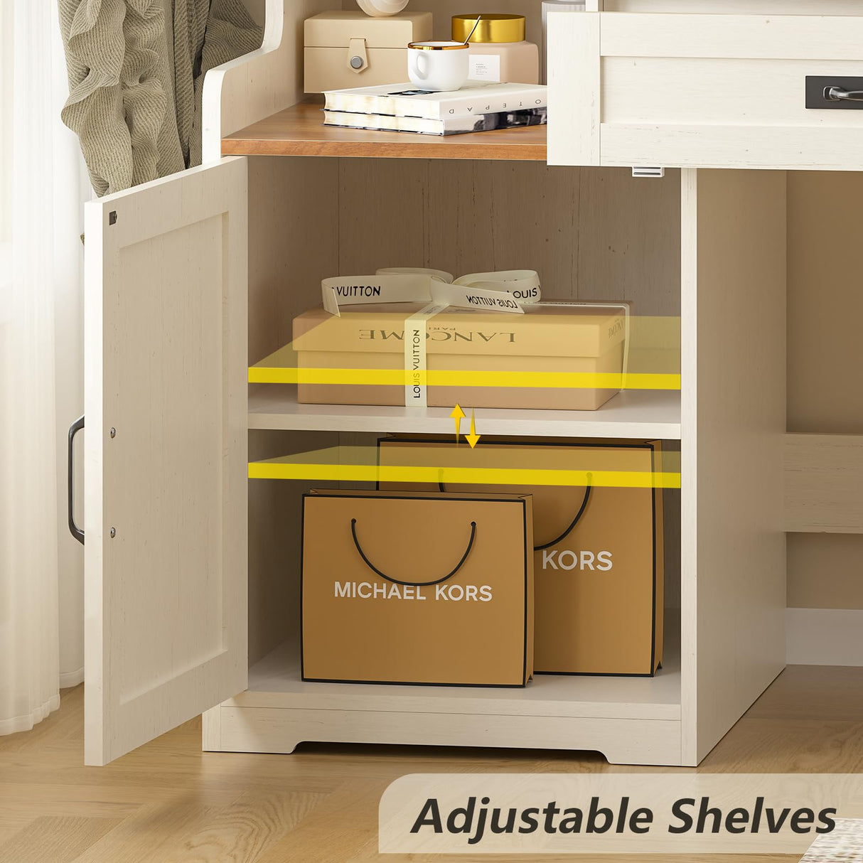 YOMILUVE 60'' Farmhouse Computer Desk with Drawers, Home Office Desk with Bookcase, Vanity Desk Writing Study Table with Storage, Antique White YOMILUVE