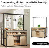 ELETHEBIA Wooden Island Table for Kitchen with Sliding Barn Door, Heavy Duty Large Coffee Bar Table with 4 Hook, Multi-Functional Bakers Rack, Storage Shelf for Kitchen Dining Room Living Room ELETHEBIA