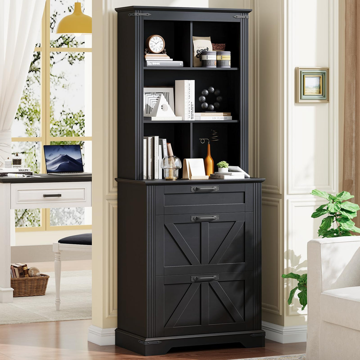 Vabches Farmhouse Bookshelf with 3 Large Drawers, 70" Tall Bookcase with 5-Cube Storage Organizer, 3 Tier Wood Display Storage Cabinet for Home Office, Living Room, Rustic Black Vabches