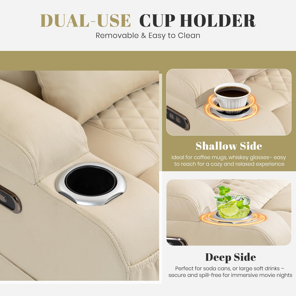 Zero Wall Hugger Power Reclining Loveseat with Adjustable Headrest, Fabric Electric Recliner Sofa with USB & Type-C Ports, Dual Cup Holders, 2-Seater Couch for Living Room, RV, Home Theater (Beige) LURVIA