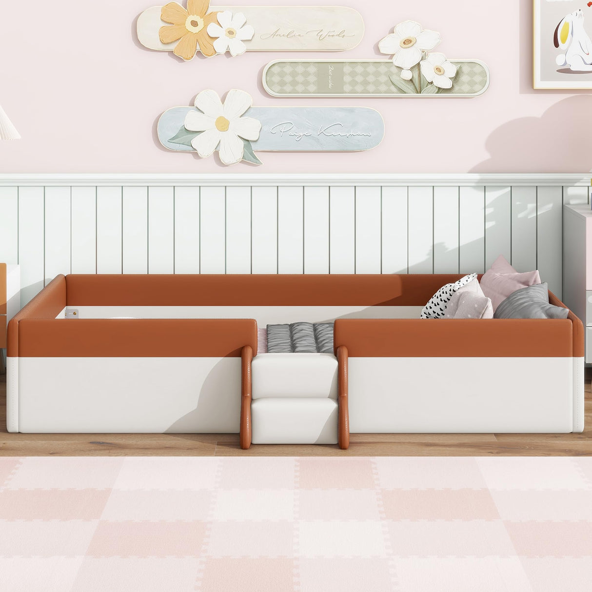 PU Upholstered Floor Bed with Fence and Stairs, Twin Floor Bed with Slats, Montessori Floor Bed for Kids, Girls, Boys, Twin Size Montessori Bed (Brown+White) Bellemave