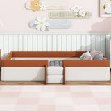 PU Upholstered Floor Bed with Fence and Stairs, Twin Floor Bed with Slats, Montessori Floor Bed for Kids, Girls, Boys, Twin Size Montessori Bed (Brown+White) Bellemave