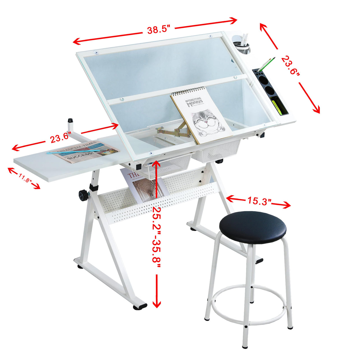 LiviNest Height Adjustable Drafting Table - Modern Tempered Glasses Artist Drawing Table Tilted Tabletop with Chair - Glass Topped Art Desk Work Station with Stool for Home Office White LiviNest