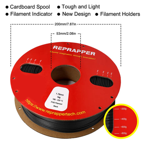 Reprapper Black PVB Filament for 3D Printer - Print Like PLA Filament 1.75mm Easy Smoothable Post Polishing with IPA Alcohol Smooth Finish 1kg (2.2 lbs), Black RepRapper