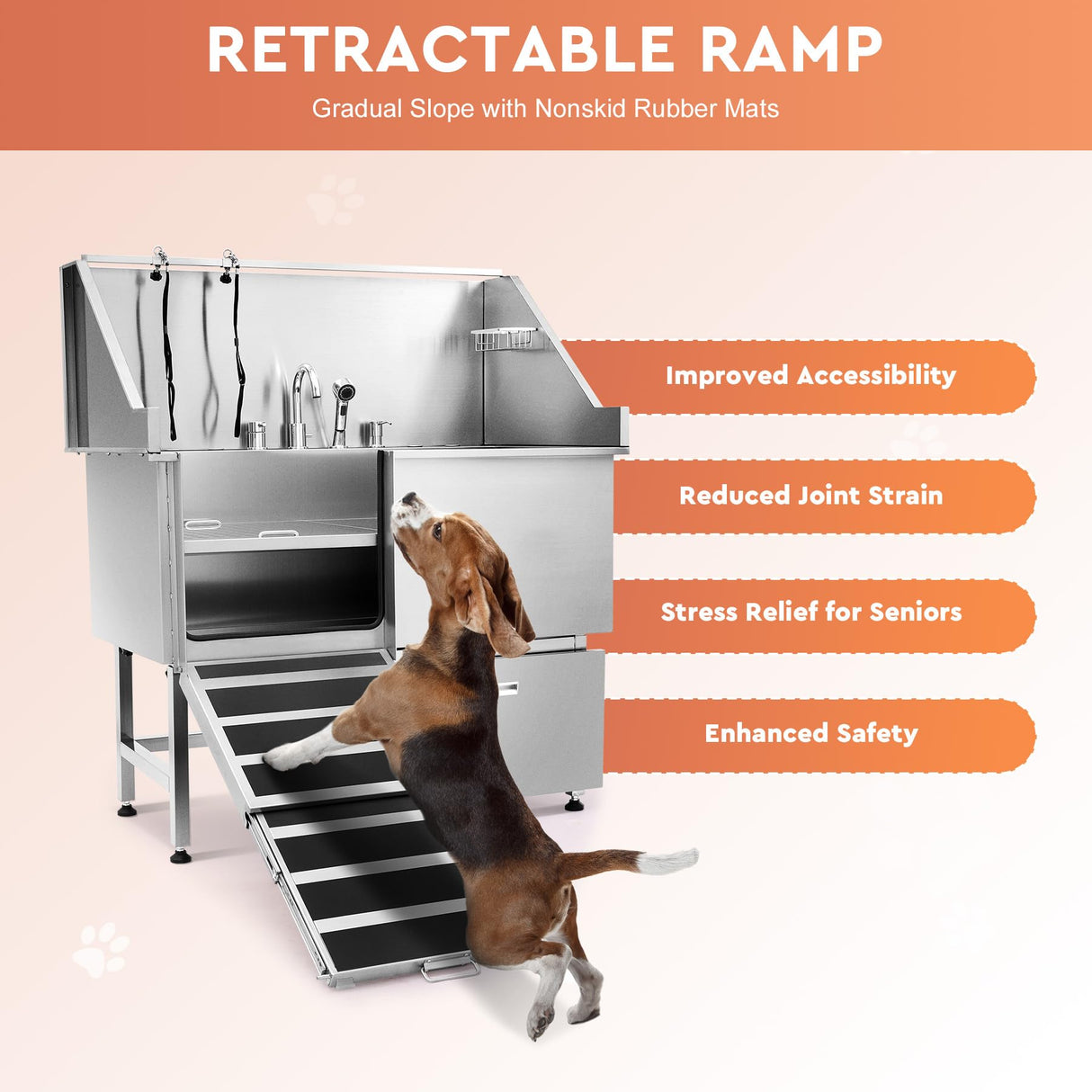 CO-Z Professional Dog Bathing Station, 50 in. Dog Grooming Tub with Nonskid Retractable Ramp for Large Dogs, Stainless Steel Dog Washing Station with Swivel Faucet Pull Out Showerhead Storage Drawer CO-Z