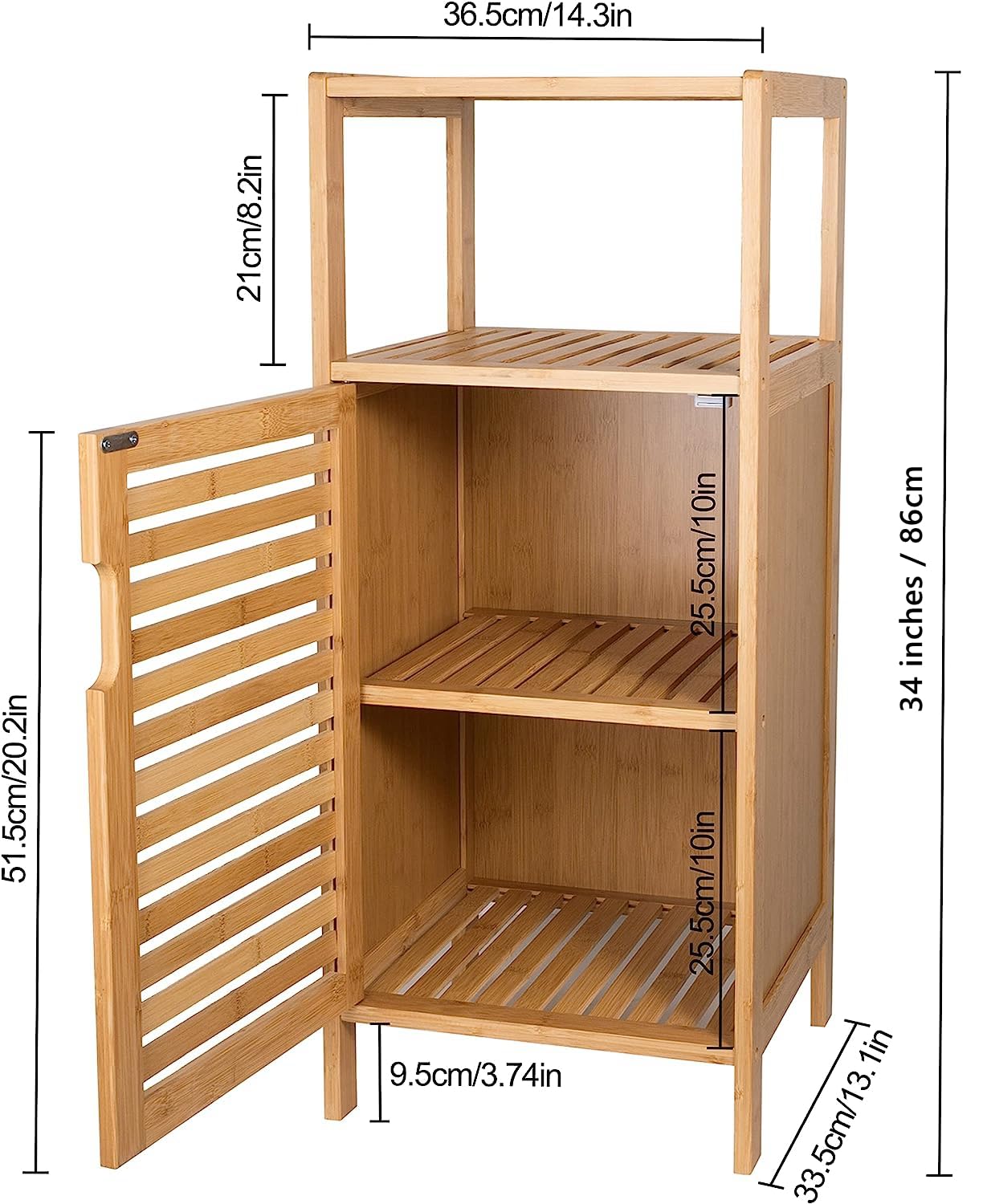 Purbambo Bathroom Bamboo Storage Cabinet, Freestanding Floor Cabinet with Door and Shelf for Bathroom, Living Room, Bedroom, Hallway, Kitchen