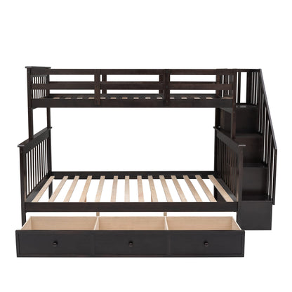 Espresso Twin Over Full Bunk Bed with Storage Drawers and Safety Stairway by Harper & Bright Designs - WoodArtSupply