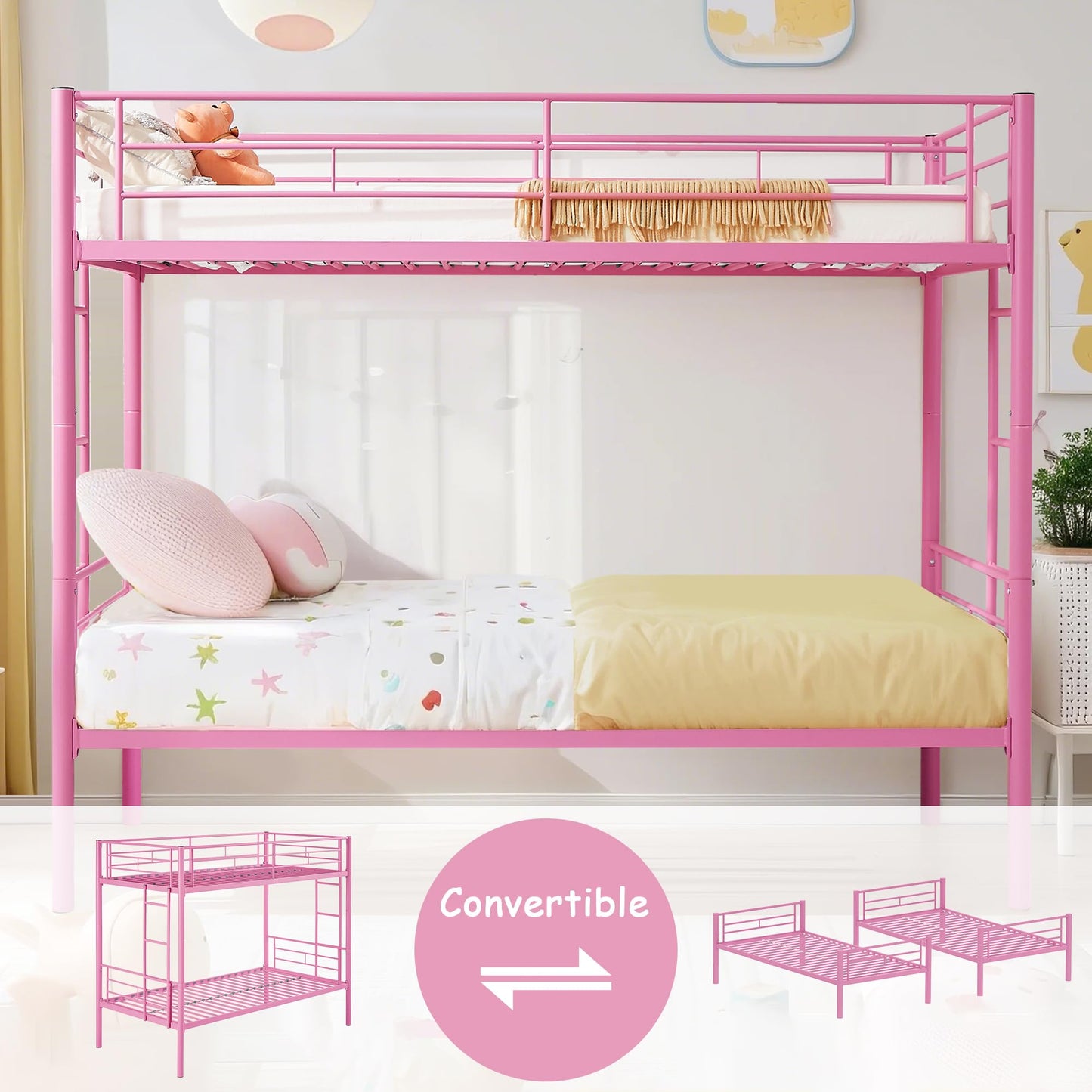 VECELO Twin Over Twin Bunk Bed with Built-in Ladder and Safety Guardrail, Heavy Duty Metal Bunkbeds, Space Saving, No Box Spring, Pink