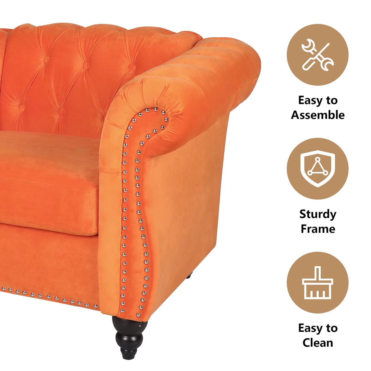 QHITTY Accent Sofa, Chesterfield Loveseat Modern Velvet Couch Upholstered Sofa with Tufted Back for Living Room Furniture (Orange) QHITTY