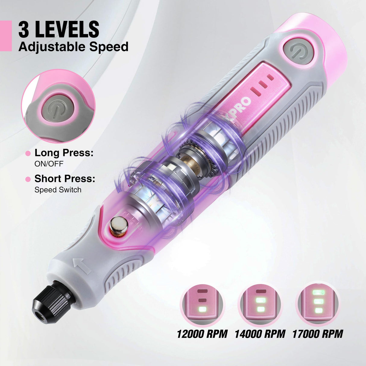 WORKPRO Cordless Rotary Tool Kit with 71pcs Accessories, 3 Variable Speeds, USB Rechargeable Mini Rotary Tool for Engraving, Sanding, Polishing, Carving, Cutting, DIY Crafts - Pink Ribbon WORKPRO