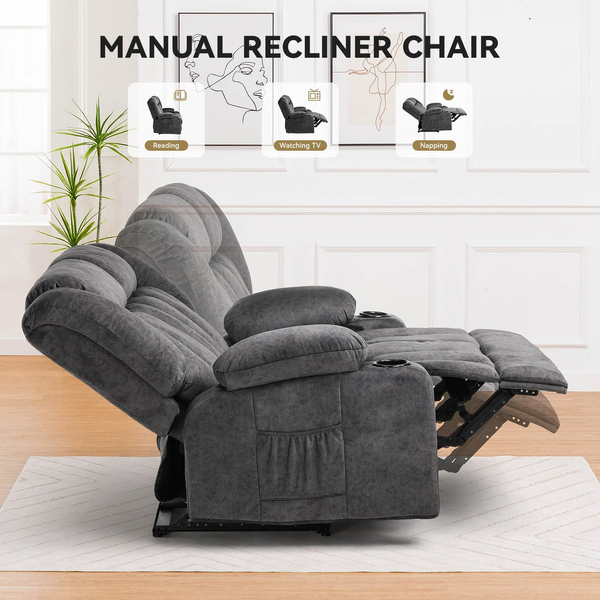 COMHOMA Manual Recliner Couch，Fabric Reclining Sofa Chair with Cup Holders, Upholstered ReclinerChair Set with Side Pockets Suitable for Living Room Furniture (2) COMHOMA
