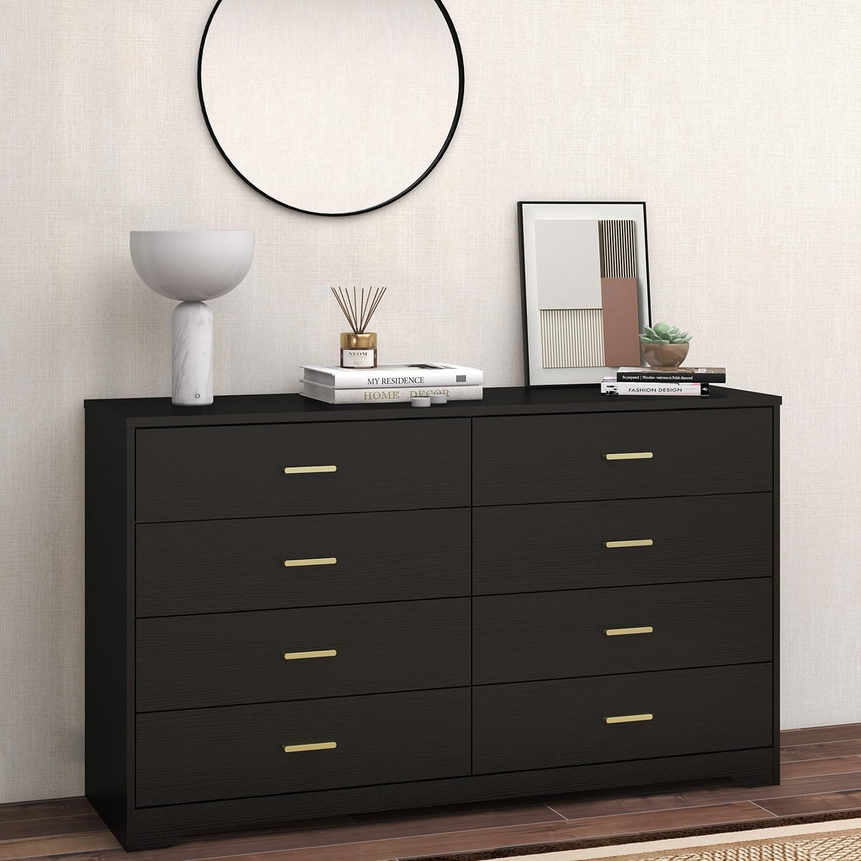 Panana 8 Drawer Wood Lateral Dresser, Big Wide Chest of Drawers Storage Organizer with Metal Gold Handles Home Bedroom (Black) Panana