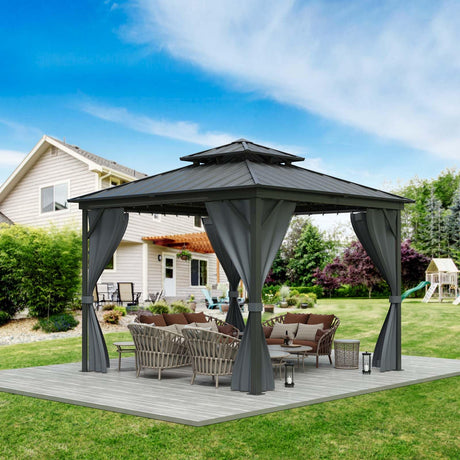 GarveeLife Permanent Hardtop Gazebo 12x12ft Gazebo Double Roof Canopy with Netting and Curtains, Luxury Outdoor Gazebo,2-Tier Hardtop Galvanized Iron Aluminum Frame for Backyard, Patio and Deck,Grey GarveeLife
