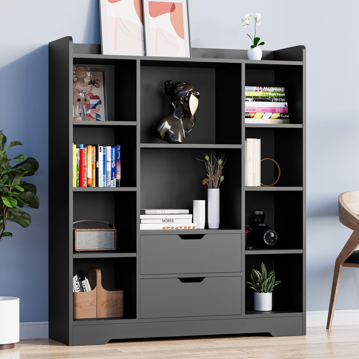 Cozy Castle Black Bookshelf, 4-Tier Open Shelf Bookcase with 2 Drawers and 10 Cubes, Wood Cube Storage Organizer Shelf for Bedroom, Living Room, 39.4" W X 47.2" H Cozy Castle