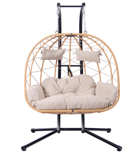 Double Hanging Egg Chair with Stand - Indoor/Outdoor Hammock Chair & Hanging Egg Chair | Rattan Wicker, UV Resistant Cushion & Pillow, 550LBS Capacity for Bedroom, Patio, Balcony, Garden Topfuca
