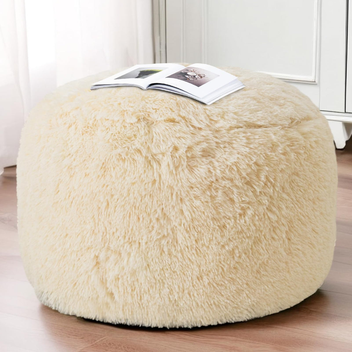 HIGOGOGO Round Stuffed Pouf Ottoman, Long Faux Fur Poufs with Foam Chunk Filling, Fluffy and Furry Pouf Foot Stool Storage Ottoman, 26 X 18 Floor Poufs Foot Rest for Living Room, White HIGOGOGO