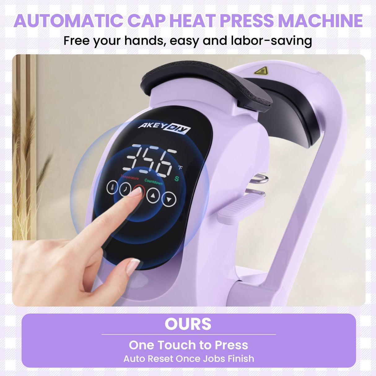 AKEYDIY 3-in-1 Auto Hat Heat Press Machine for Caps, with 3pcs Interchangeable Platens, Automatic Open & Release, Touchscreen for Precise Time & Temp Control, Heat Transfer Printing for Caps, Purple AKEYDIY