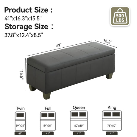 WUTUTUEE 41" Faux Leather Storage Ottoman, Stitch Tufted Rectangle Upholstered End of Bed Storage Bench, Entryway Large Couch Ottoman with Wooden Legs,Dark Grey WUTUTUEE