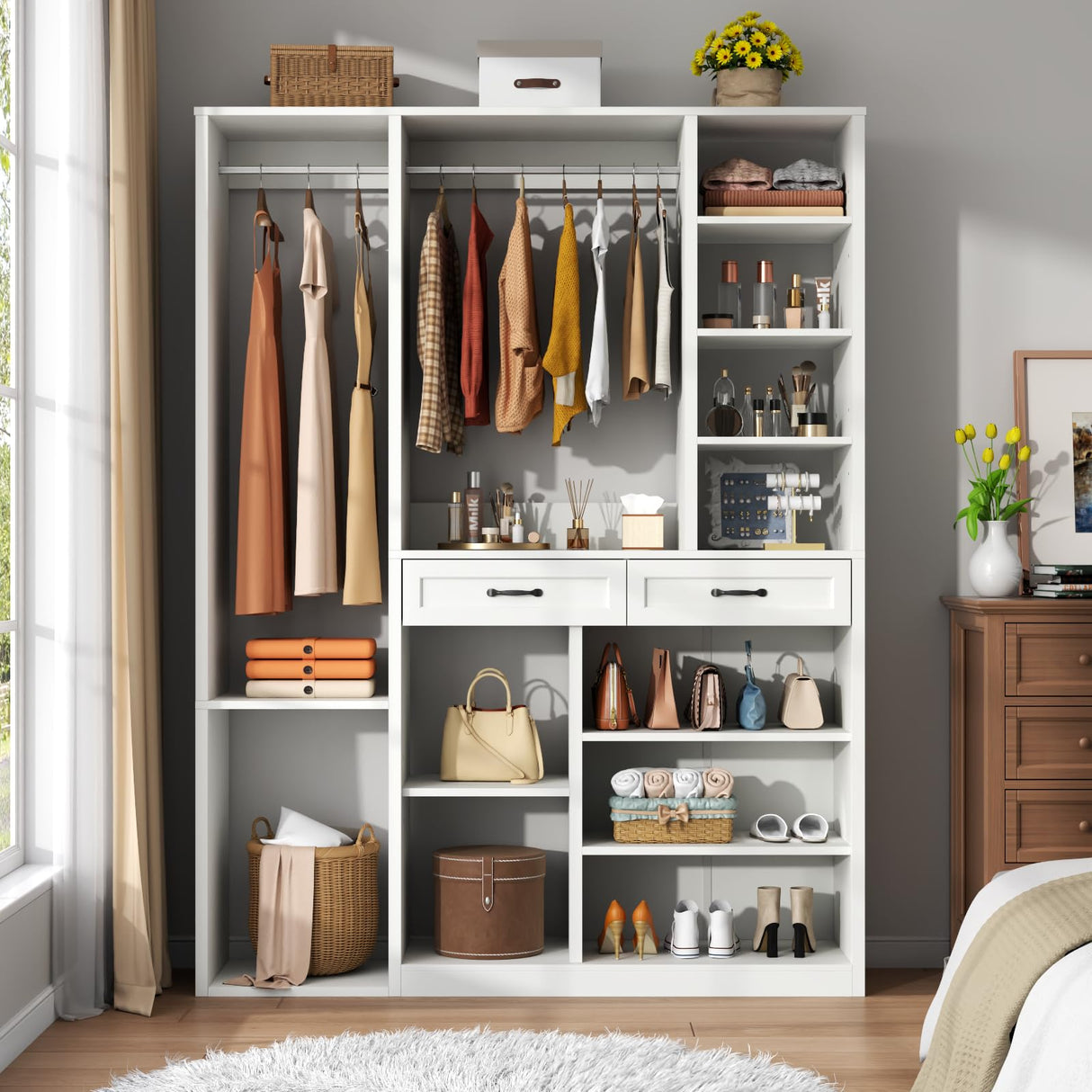 Armoire Wardrobe Closet with 2 Drawers, 81” H Wooden Wardrobe Closet with 10 Storage Shelves and 2 Hanging Rod, White Modern Armoire, Clothing Storage Cabinet Organizer Combination, Bedroom Furniture Gyfimoie