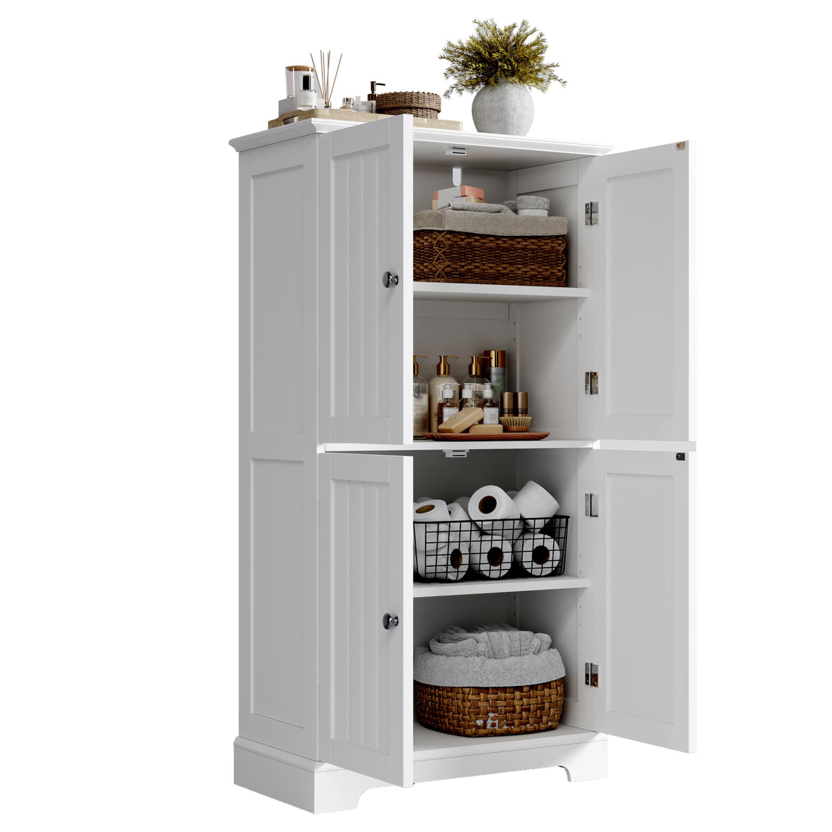 ChooChoo Bathroom Floor Cabinet, Modern Bathroom Storage Cabinet with 4 Doors and Adjustable Shelves, Freestanding Cupboard for Living Room, White ChooChoo