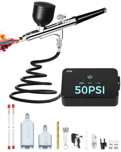 Airbrush Kit with Air Compressor, 50 PSI High Pressure Air Brush with 0.2/0.3/0.5mm Nozzle/Cleaning Sets, Ideal for Modeling, Painting, Nails, Makeup & Cake Decorating