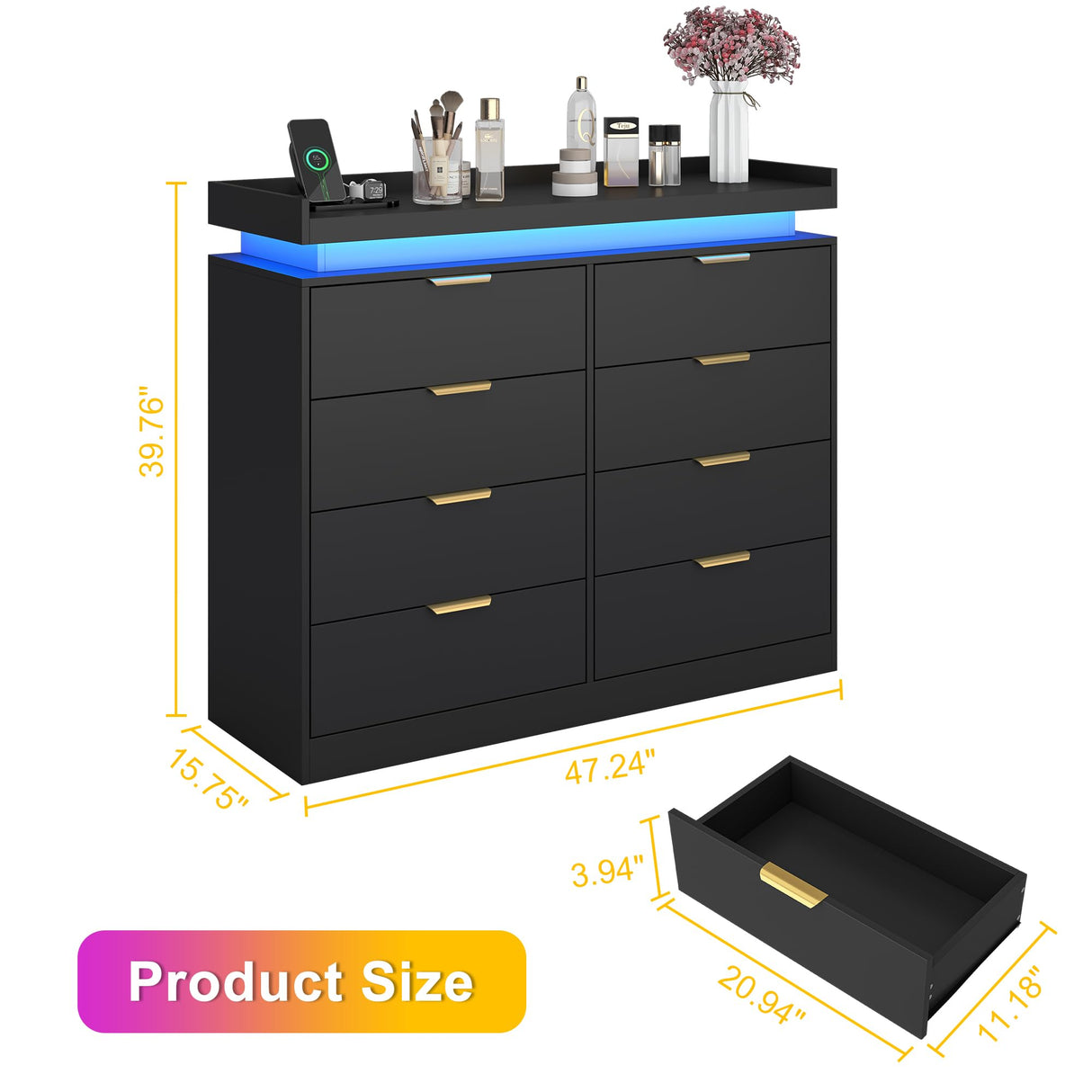 knoworld 8 Drawer Dressers for Bedroom, Black Dresser with LED Lights and Power Outlet, Modern Large Dresser Wooden Long Dresser, Double Wide Dresser for Bedroom, Living Room, Entryway, Hallway knoworld