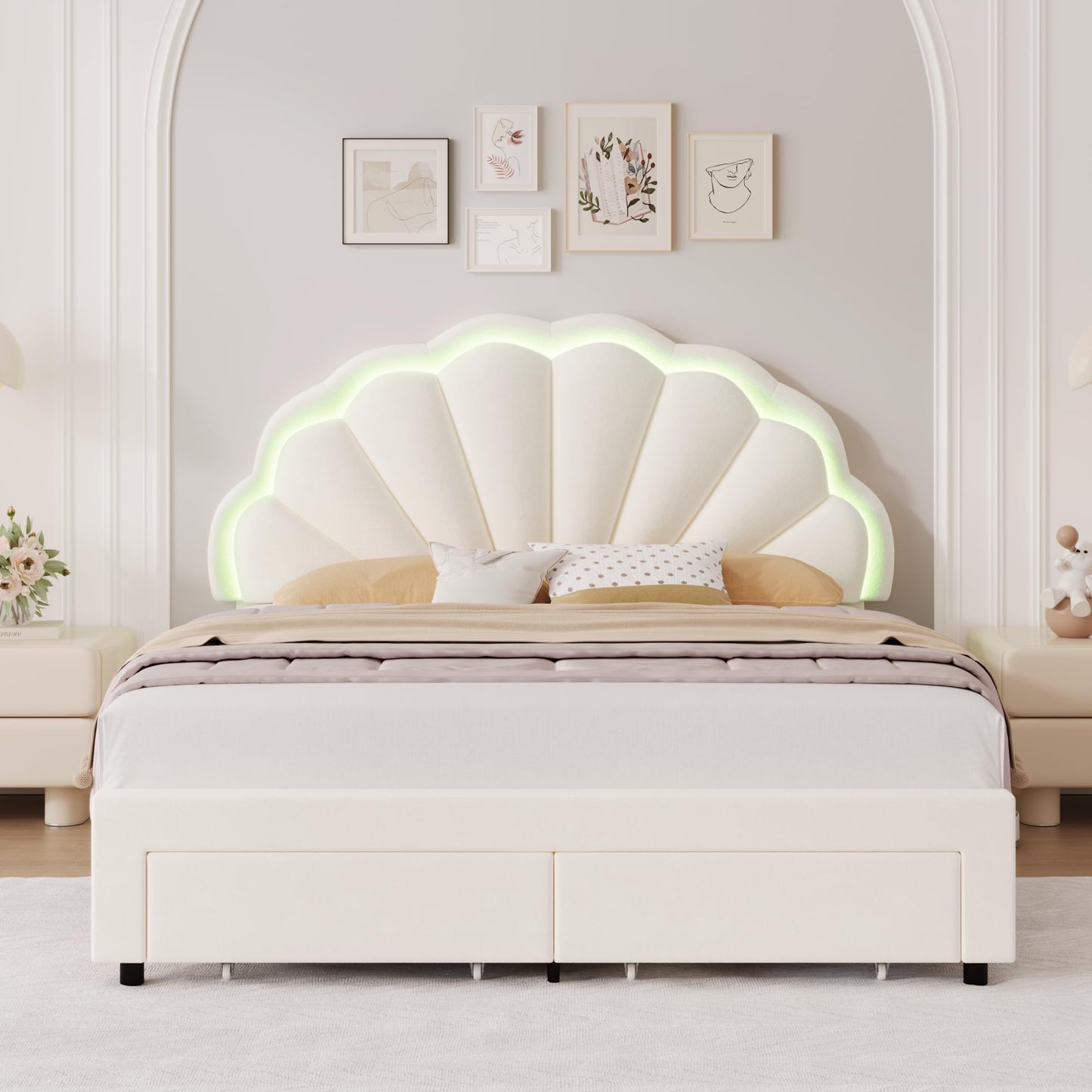 HIFIT Queen Smart LED Upholstered Bed Frame with Storage Drawers & Adjustable Velvet Headboard, Beige - WoodArtSupply