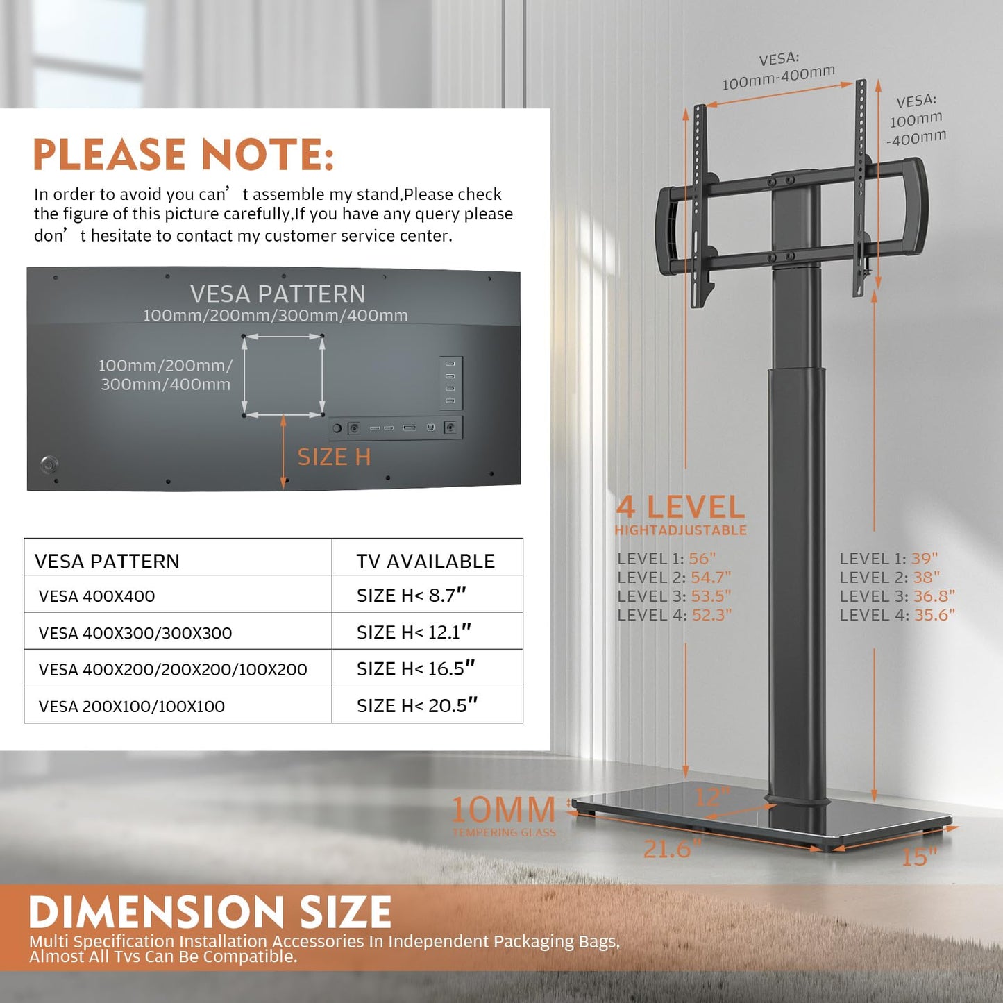 Universal Floor TV Stand with Mount 80 Degree Swivel Height Adjustable and Space Saving Design for Most 27 to 65 inch LCD, LED OLED TVs, Perfect for Corner & Bedroom HT1002B