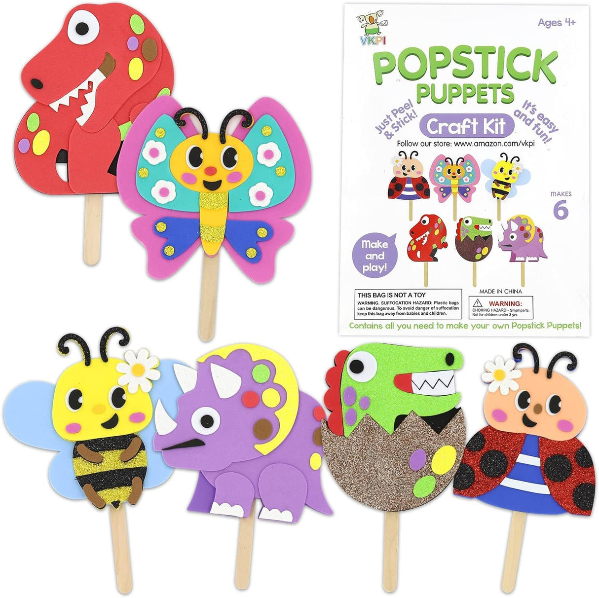 VKPI Make 6 Popstick Puppets Craft Kits for Kids, Foam Crafts, Story Time Toys for Ages 4+ Toddler, Dinosaurs, Butterfly, Preschool Projects Art Crafts, Birthday Holiday Gift VKPI