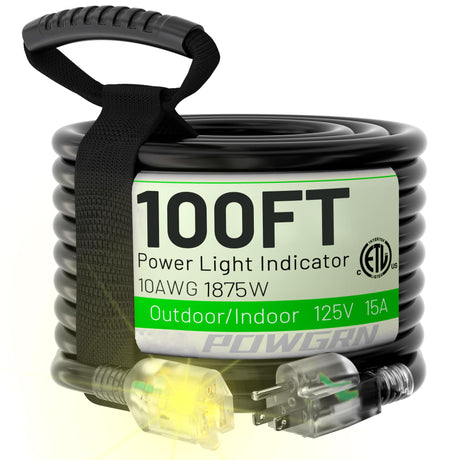 POWGRN 100 Ft 10/3 Black Outdoor Extension Cord Waterproof Heavy Duty 10 Gauge 3 Prong, Flexible Cold-Resistant Long Power Cord Outside with Lighted Indicator End, 15Amp 1875W SJTW ETL Listed POWGRN