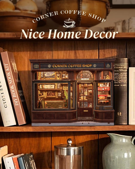 Cutefun Book Nook Kit - DIY Miniature Doll House Kit, Book Nook Kits for Adults, 3D Wooden Puzzle Bookend Bookshelf with LED Light for Cafe Crafts Lovers (Corner Coffee Shop) Cutefun