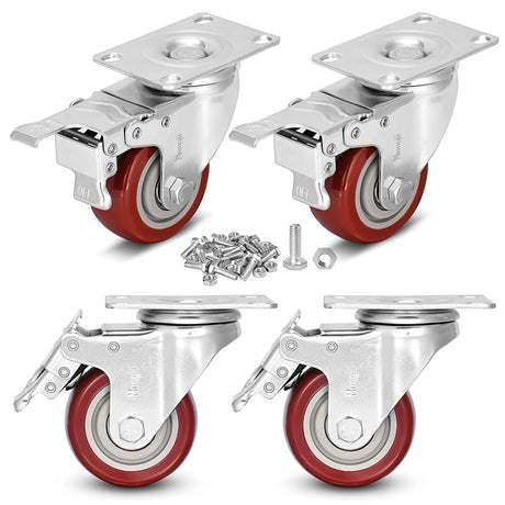 3 inch Heavy Duty Casters Load 1500lbs,Lockable Bearing Caster Wheels with Brakes,Swivel Casters for Furniture and Workbench，Set of 4 (Free Screws) Moogiitools
